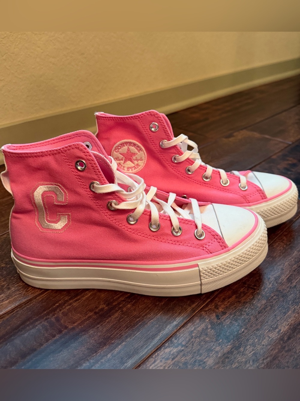 Converse All Star Pink and White High Tops, 8.5 W/6.5 M